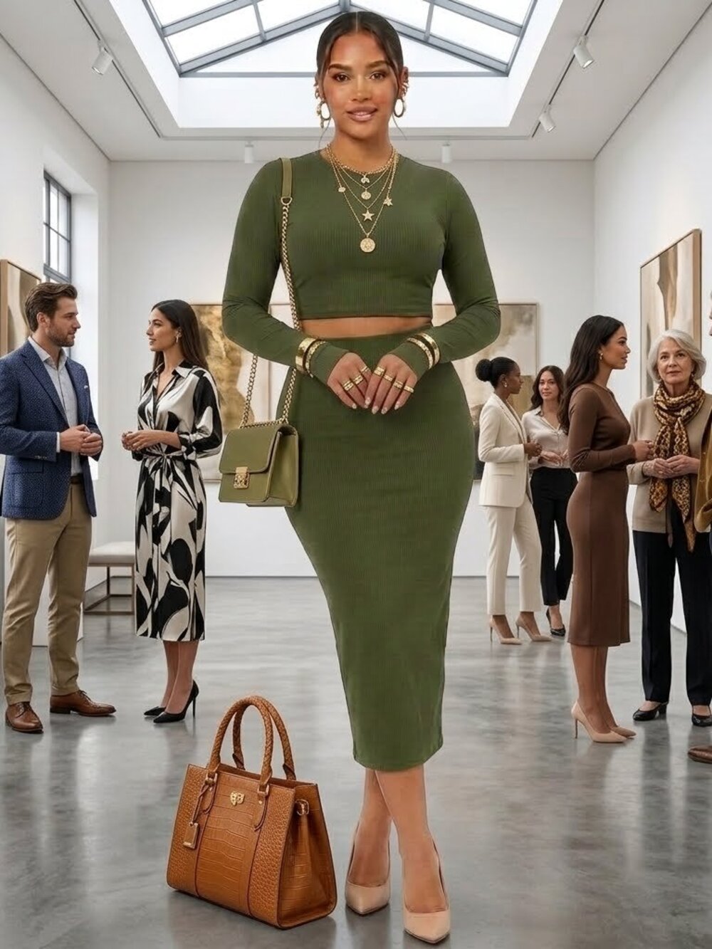 Women's Army Green 2-Piece Bodycon Skirt Set | Lace-Up Top | New With Tags